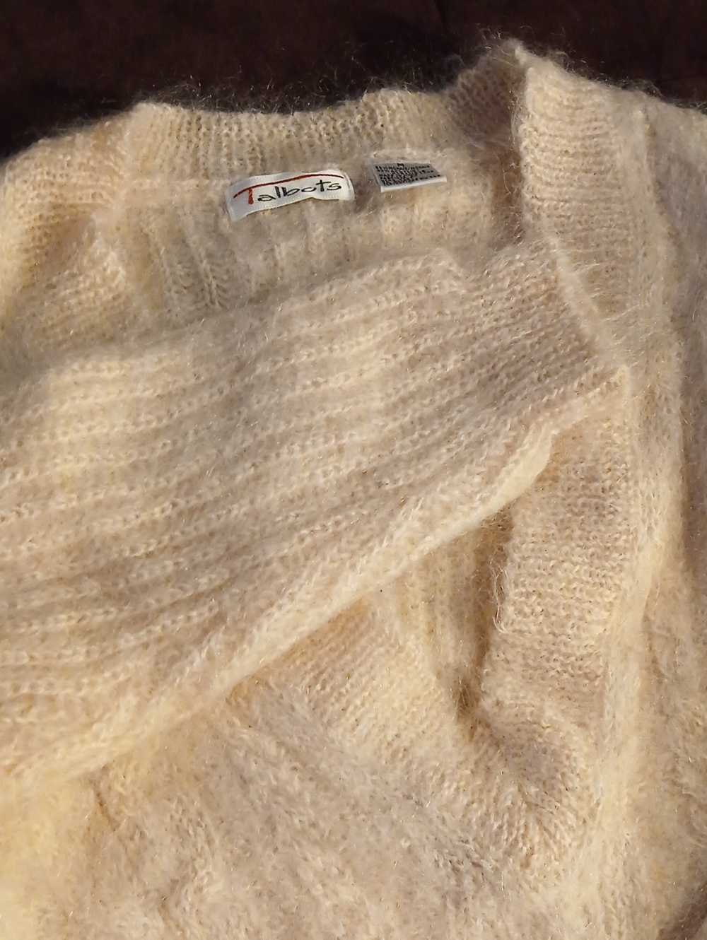 Talbots Cream V-Neck Fuzzy Knit Sweater